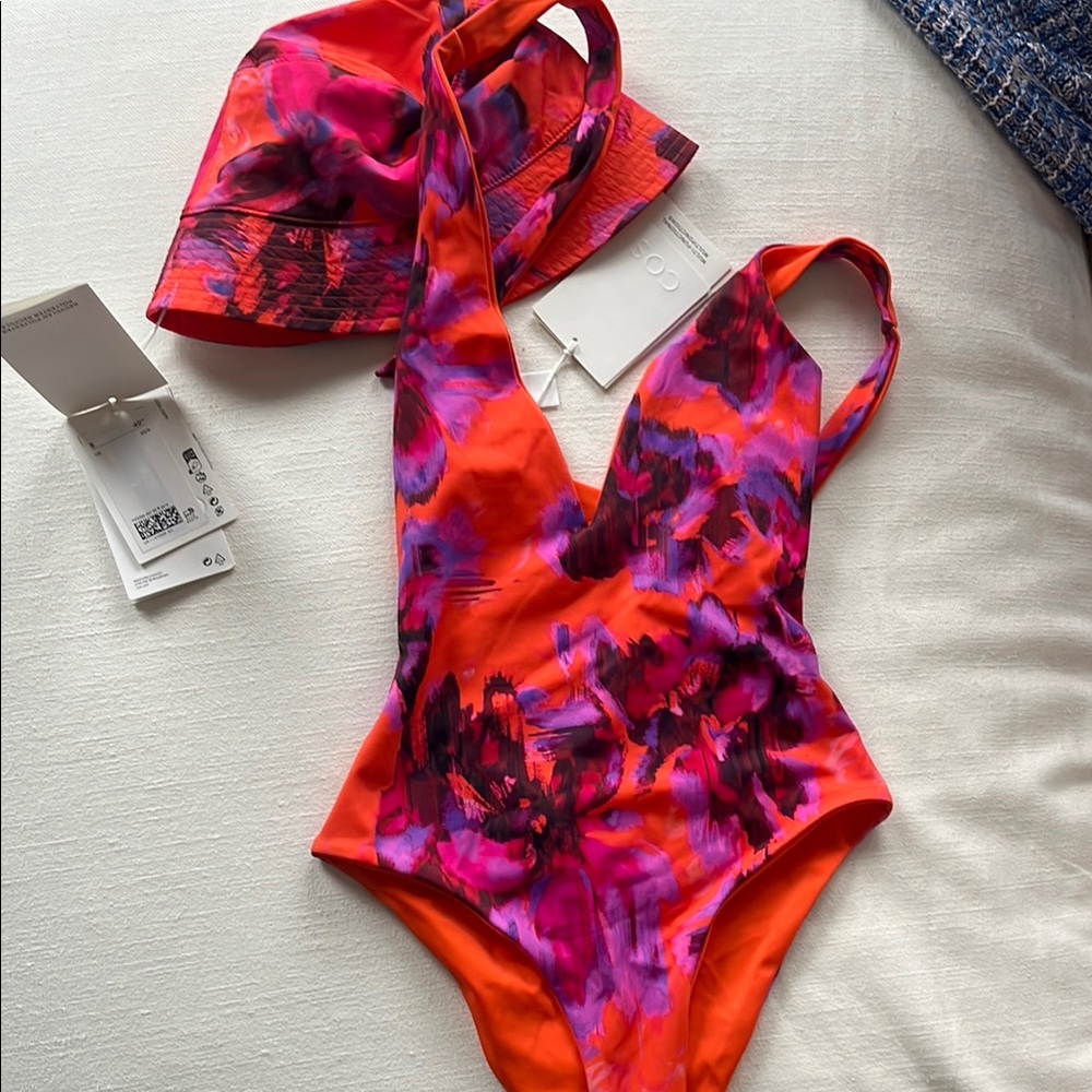 Vibrant Orange and Pink COS Swim one piece Set with Matching Bucket Hat